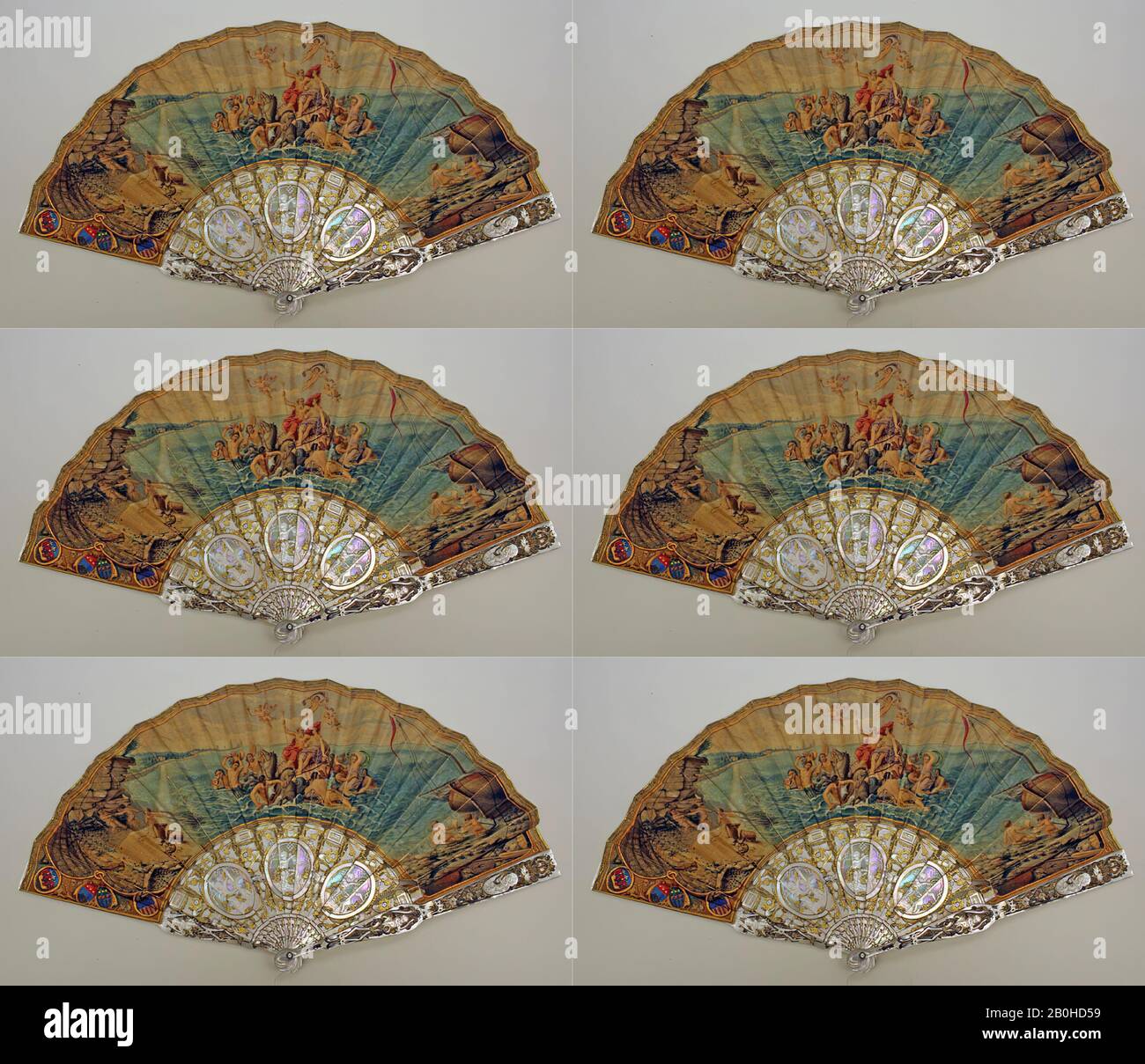 Fächer, Französisch, 1859, Französisch, Schale, Papier, Leder Stockfoto