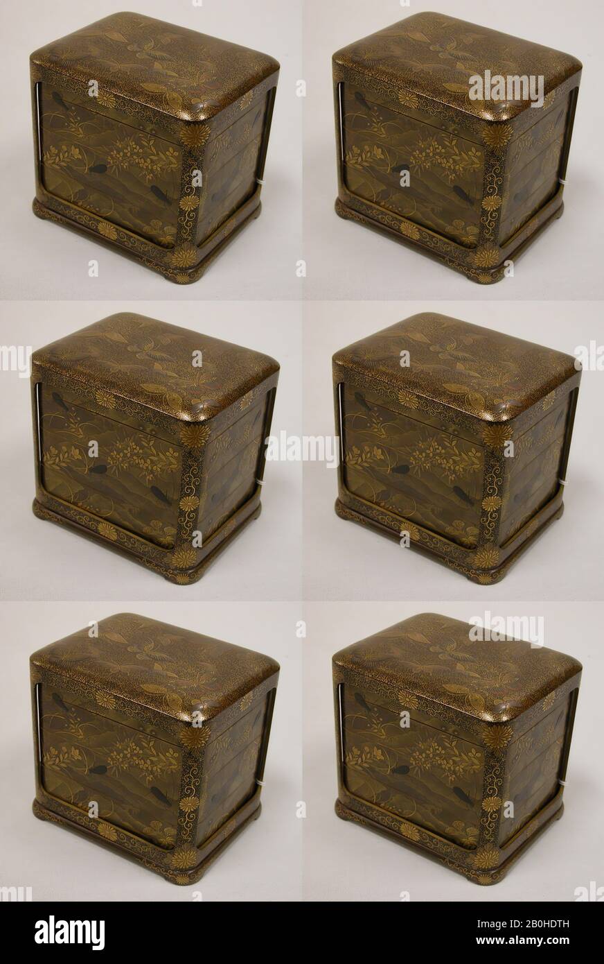 Tiered Box mit Design of Autumn Grases, Japan, Meiji-Zeit (5219-1912), Datum Ende des 19. Jahrhunderts, Japan, Gold und Silber Maki-e auf schwarzem Lack, Gr. H. 4 7/16 Zoll (11,3 cm); W. 4 Zoll (10,2 cm); L. 5 Zoll (12,7 cm), Lack Stockfoto