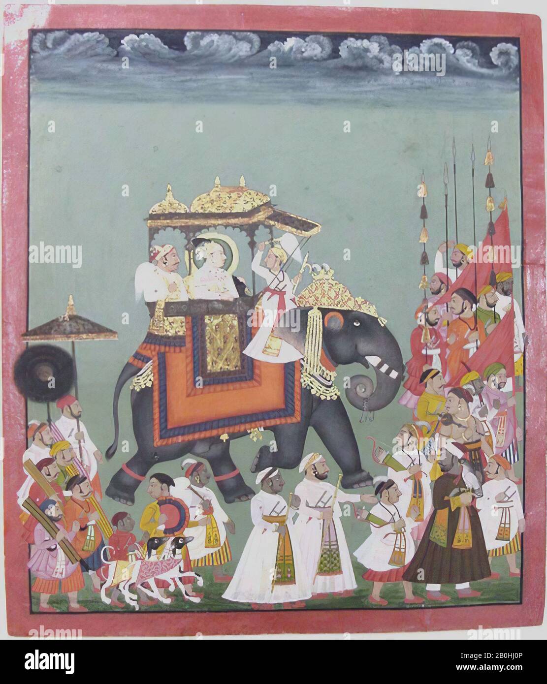 Maharana Raj Singh II. In Prozession mit Mitgliedern seines Gerichtshofs, Indien (Rajasthan, Mewar), Ca. 1.555, Indien (Rajasthan, Mewar), Tinte, opakes Aquarell und Gold auf Papier, Seite 17 1/8 x 14 1/2 Zoll. (43,5 x 36,8 cm), Gemälde Stockfoto