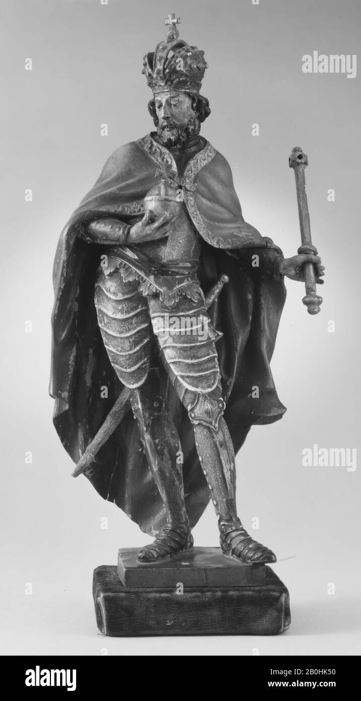 Stil von Joseph Götsch, EINEM König, möglicherweise dem Kaiser Sankt Heinrich, Deutsch, Bayern, Stil von Joseph Götsch (1728-1793), 18. Jahrhundert, Deutsch, Bayern, Polychromed und vergoldetes Holz, Höhe: 11 5/8 Zoll. (29,5 cm), Skulptur Stockfoto
