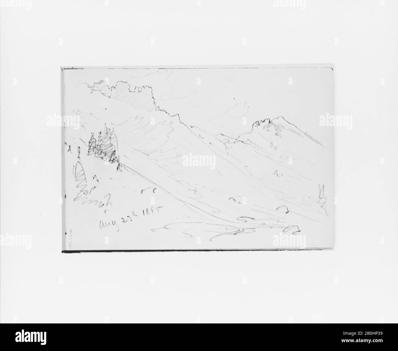 William Trost Richards, Mountain Slope, 23. August 1885 (von Sketchbook X), American, William Trost Richards (American, Philadelphia, Pennsylvania, 1834-1905 Newport, Rhode Island), 1895, American, Graphite on off-White Wove Paper, 5 x 7 1/2 Zoll. (12,7 x 19,1 cm), Zeichnungen Stockfoto