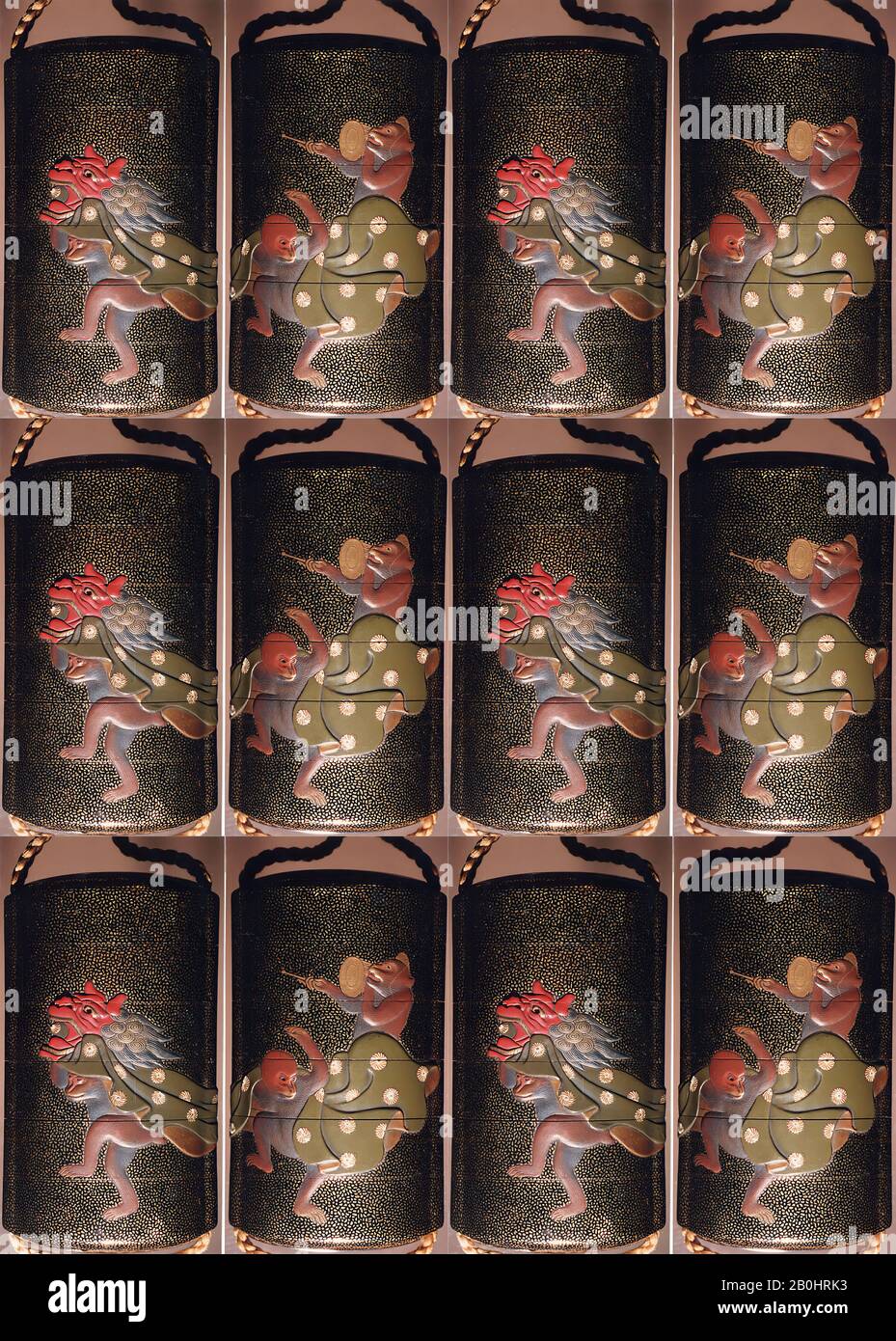 Fall (Inrō) mit Design von Drei Affen als Neujahrstänzer, Japan, Edo-Zeit (1615-1868), Datum 19. Jahrhundert, Japan, Lack, Roiro, Hirame, Gold und farbig Hiramakie, Takamakie; Interieur: Nashiji und Fungame, 3 9/16 x 1 15/16 x 1 1/8 Zoll. (9 x 5 x 2,8 cm), Inrō Stockfoto