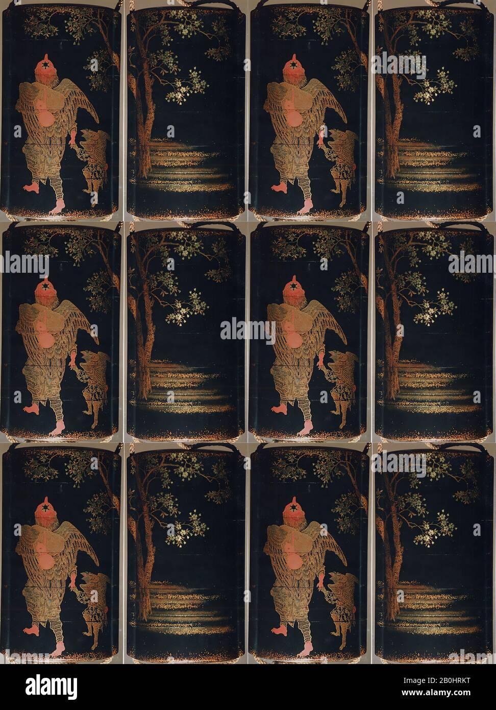 Tasche (Inrō) mit Design Von Zwei Tengu (Goblins) mit Knapsack und Gourd, unter einem Kirschbaum, Japan, Edo-Zeit (1615-1868), Datum 18.-19. Jahrhundert, Japan, Lack, Roiro, Gold und farbiges Togidashi, Gold und Silberfolie, Aogai; Interieur: Nashiji und Fungame, H. 3 7/16 in. (8,7 cm); W. 1 7/8 Zoll (4,8 cm); D. 1 1/8 Zoll (2,9 cm), Inrō Stockfoto