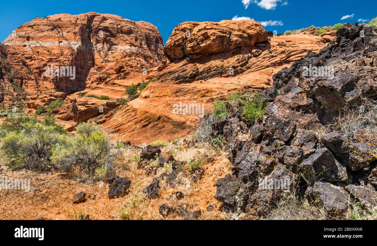 Basaltvulkanische Felsen und überirdtes Felsgebilde aus Navajo-Sandstein, Verborgener Pinyon Trail im Snow Canyon State Park, Utah, USA Stockfoto