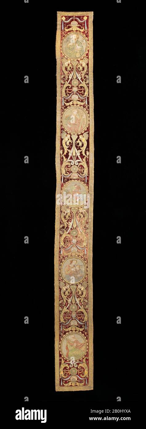Orphrey, Italienisch, Anfang des 17. Jahrhunderts, Italienisch, Seide, Metall, 90 1/2 Zoll (229,9 cm Stockfoto