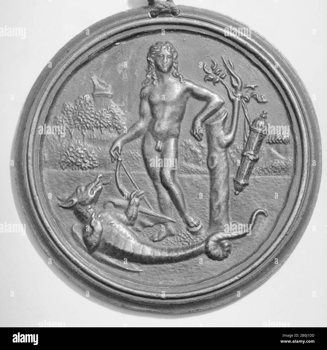 Pseudo Francesco Antonio da Brescia, Apollo und der Serpent Python, Italienisch, Brescia, Pseudo Francesco Antonio da Brescia, 16. Jahrhundert, Italienisch, Brescia, Bronze, Durchmesser: 3 Zoll (7,6 cm), Medaillen und Plaketten Stockfoto
