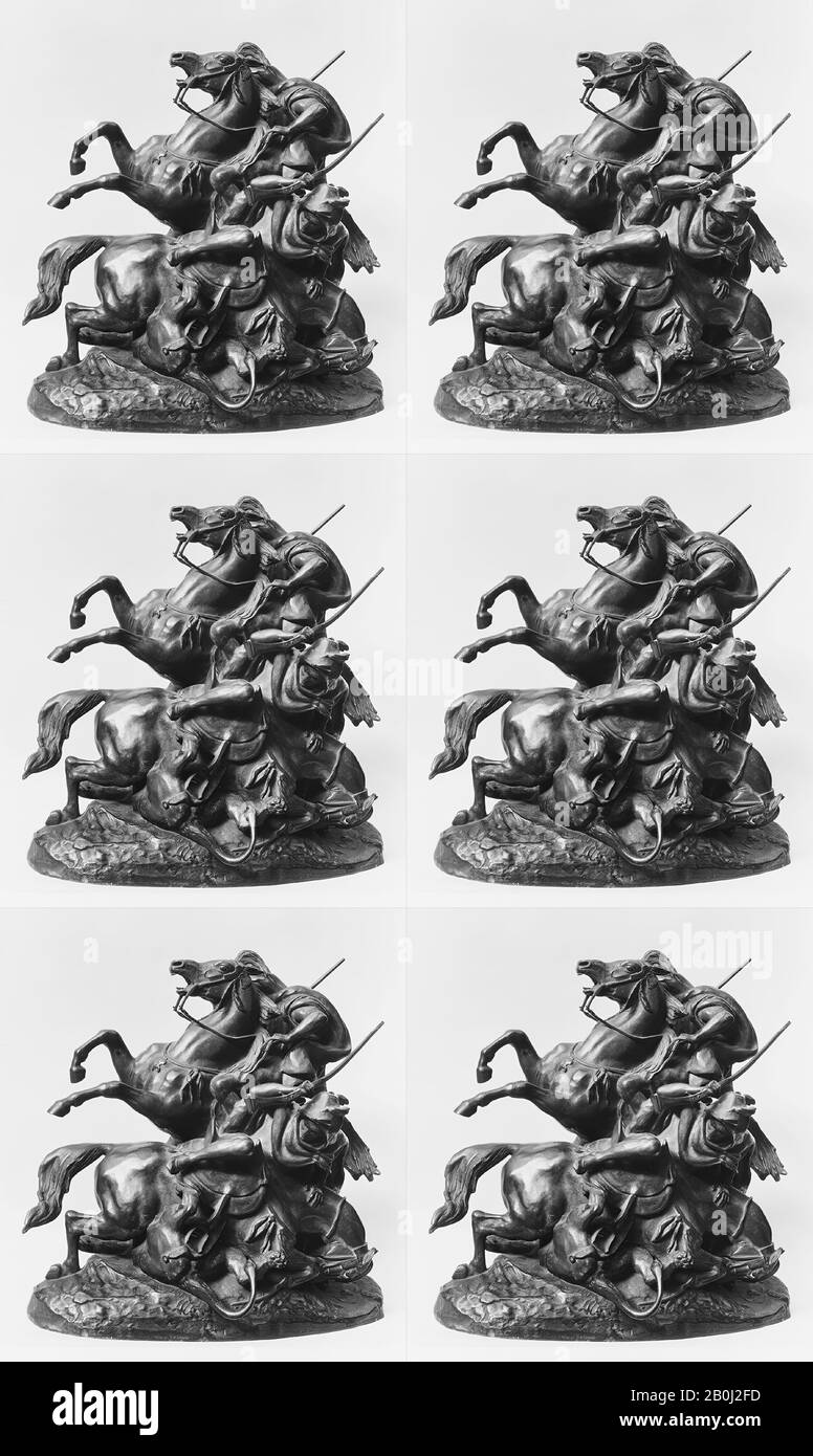 Antoine-Louis Barye, Zwei Berittene Araber Killling a Lion, Französisch, Antoine-Louis Barye (Französisch, Paris, 1792-1875 Paris), modelliert Ende der 1830er Jahre, wahrscheinlich vor 1875 gegossen, Französisch, Bronze, H. 14 Zoll. (35,6 cm.); L. 14-5/8 Zoll (37,1 cm), Sculptur-dronze Stockfoto
