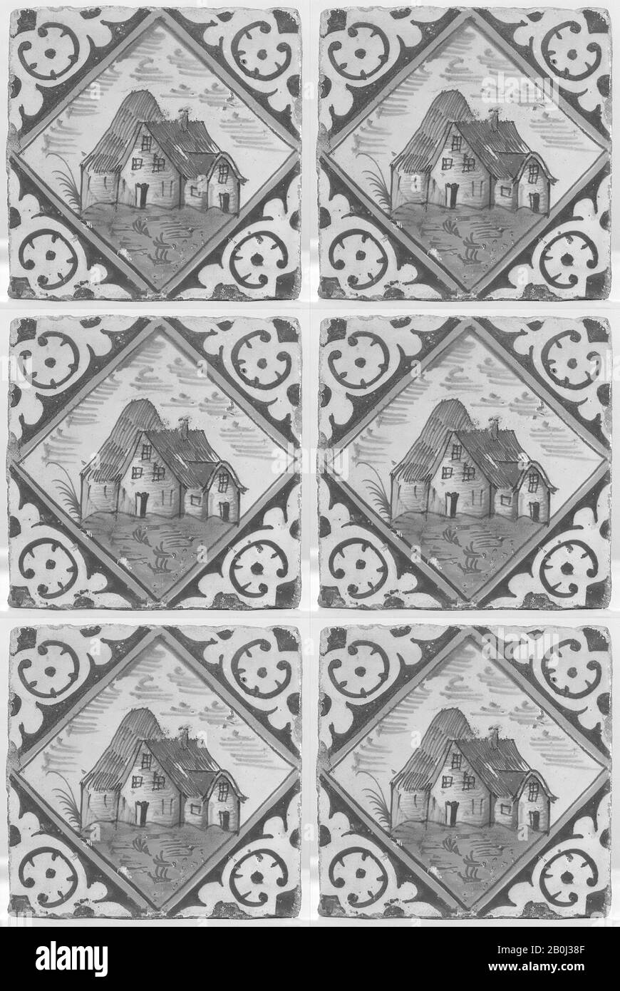 Kachel, Niederländisch, 1580-1625, Niederländisch, mit Zinnverglasung, Gesamt (Kachel): 5 3/8 × 5 3/8 × 9/16 Zoll. (13,7 × 13,7 × 1,4 cm), Gesamt (ganze Platte): 21 1/4 × 21 1/4 Zoll (54 × 54 cm), Ceramics-Keramik Stockfoto