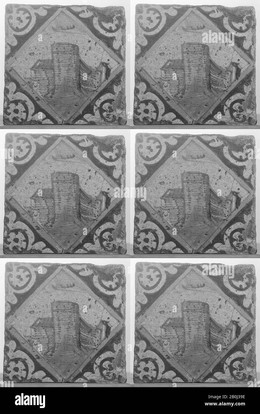Kachel, Niederländisch, 1580-1625, Niederländisch, mit Zinnglas, Gesamt (Kachel): 5 3/8 × 5 3/8 in. (13,7 × 13,7 cm), Gesamt (ganze Platte): 21 1/4 × 21 1/4 Zoll (54 × 54 cm), Ceramics-Keramik Stockfoto