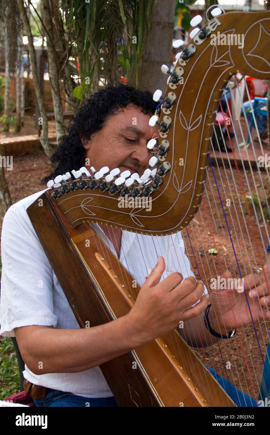 ARGENTINIEN, IGUASSU, MAN SPIELT HARFE Stockfoto