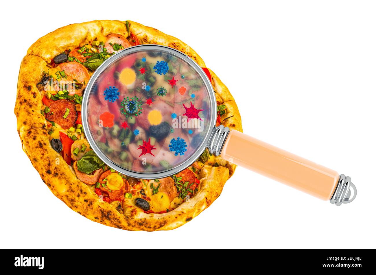 Pizza mit Keimen, Mikroben oder Viren unter Lupe, 3D-Rendering isoliert auf weißem Hintergrund Stockfoto