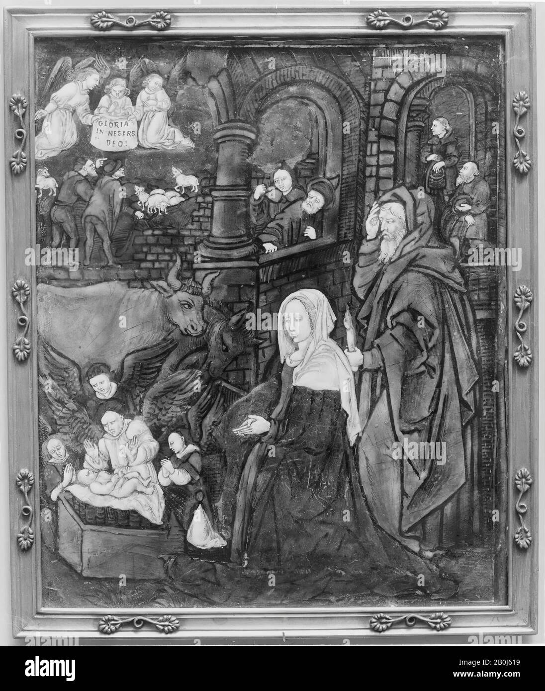 The Nativity, French, Limoges, wahrscheinlich im zweiten Viertel des 16. Jahrhunderts, French, Limoges, Lackierter Emaille auf Kupfer, teilweise vergoldet, 9 1/2 × 7 7/8 Zoll. (24,1 × 20 cm), Emaillierungen Stockfoto