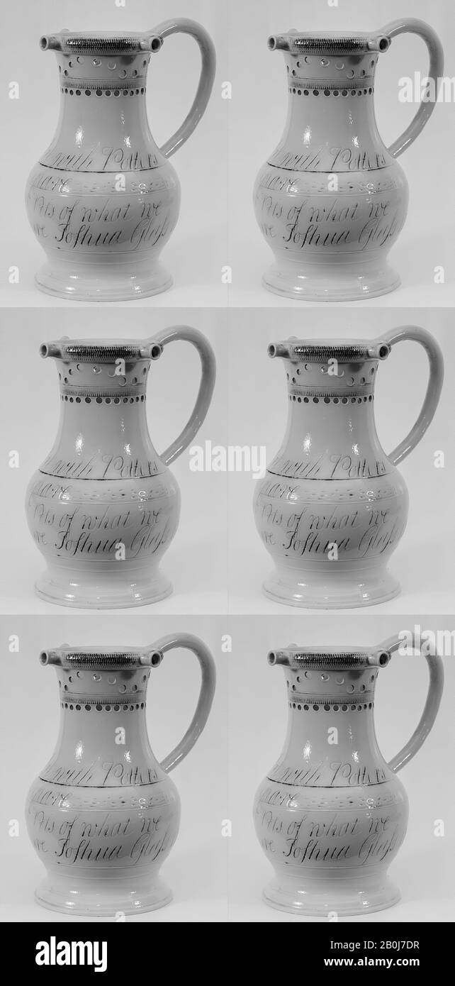 Puzzle Jug, Britisch, Staffordshire, 1766, Britisch, Staffordshire, salzglasiertes Steinzeug, 7 1/4 × 6 1/4 Zoll. (18,4 × 15,9 cm), Ceramics-Keramik Stockfoto