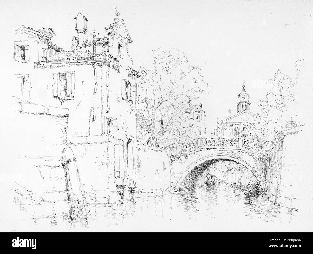 Andrew Fisher Bunner, Canal and Church of San Giuseppe, Venice, American, Andrew Fisher Bunner (53-1897), 1885, American, Black Ink and Graphit on off-White Wove paper, 9 3/8 x 12 3/16 in. (23,8 x 31 cm), Zeichnungen Stockfoto