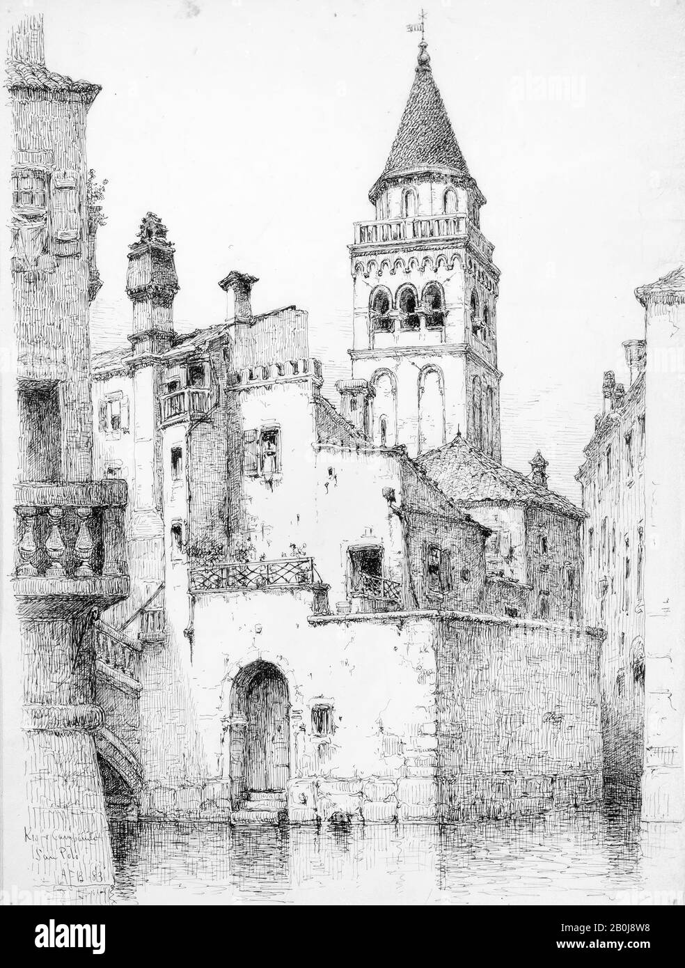 Andrew Fisher Bunner, Campanile und Rio di San Polo, Venice, American, Andrew Fisher Bunner (53-1897), 1883, American, Black Ink and Graphit Traces on off-White Wove Paper, 13 x 9 3/4 Zoll. (33 x 24,8 cm), Zeichnungen Stockfoto