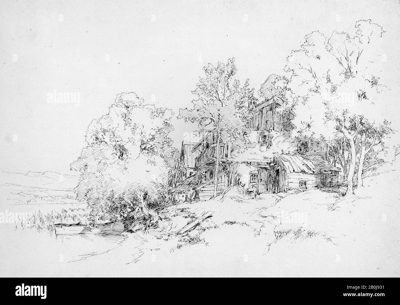 Andrew Fisher Bunner, German Farm Building, American, Andrew Fisher Bunner (51-1897), amerikanische, schwarze Stift- und Graphitspuren auf leichtem Buff-Wove-Papier, 9 7/16 x 12 13 / 16 Zoll (24 x 32,5 cm), Zeichnungen Stockfoto