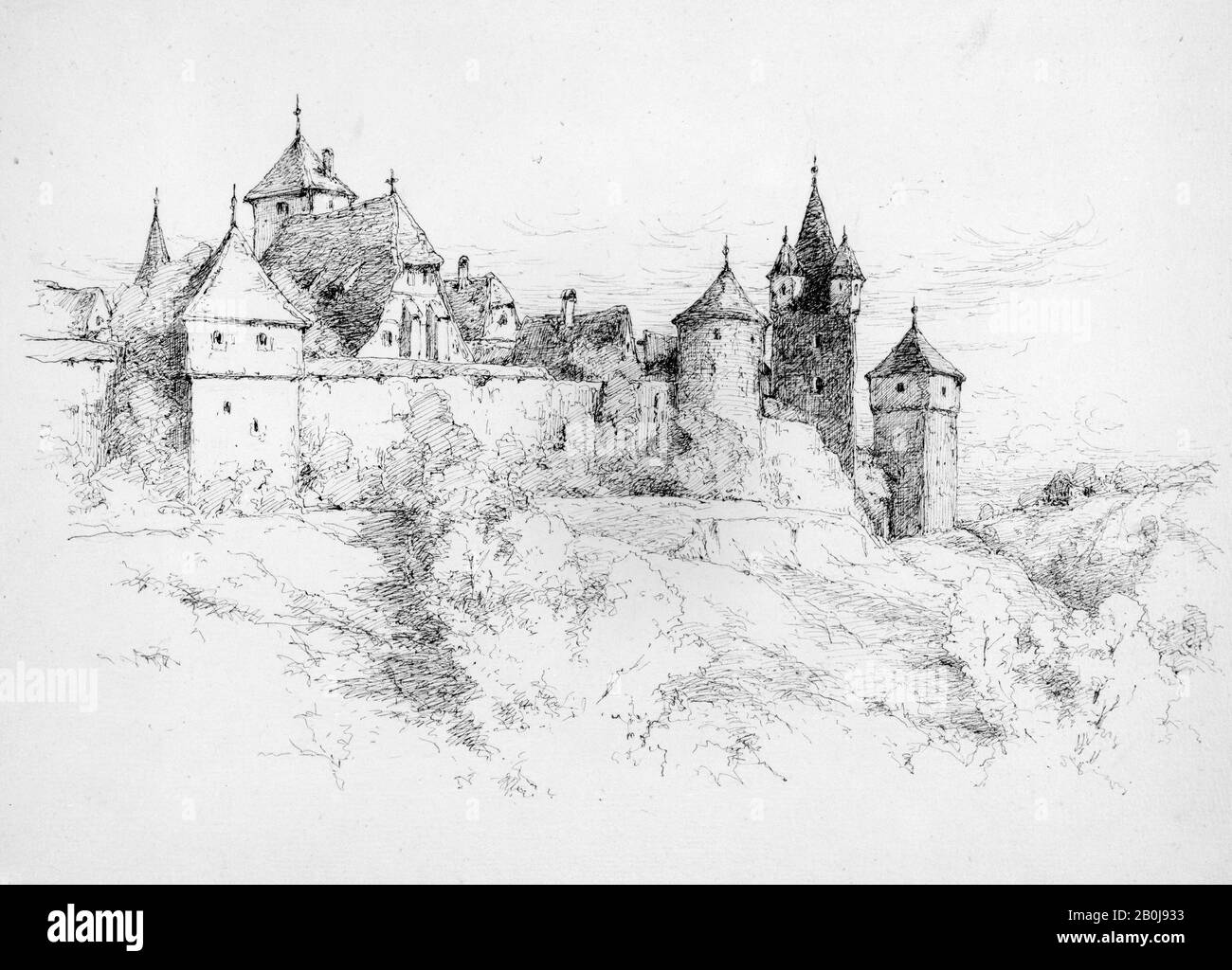 Andrew Fisher Bunner, Sketch of Houses (Wahrscheinlich in Deutschland), American, Andrew Fisher Bunner (51-1897), American, Black Ink on Light Buff laid paper, 9 1/2 x 13 1/8 in. (24,1 x 33,3 cm), Zeichnungen Stockfoto