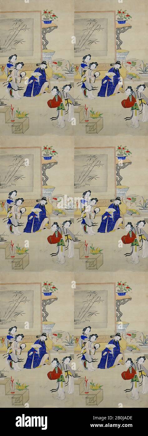 Zhen Linru Trifft Seine Ehefrauen, China, Qing Dynastie (1644-1911), Datum 19. Jahrhundert, China, Polychrome Holzblockdruck; Tinte und Farbe auf Papier, Bild: 28 3/4 x 15 1/2 Zoll. (73 x 39,4 cm), Größe Mat: 37 x 22 3/4 Zoll (94 x 57,8 cm), Ausdrucke Stockfoto