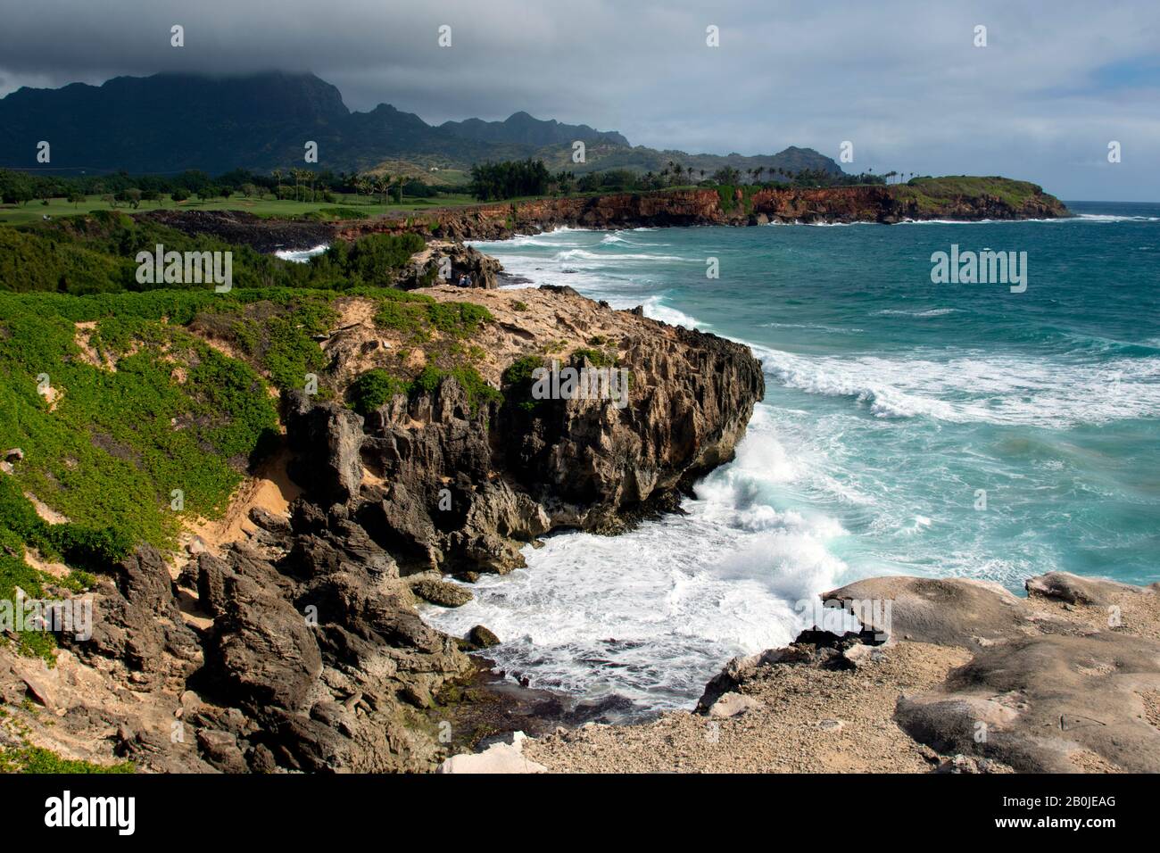 Küstenblick auf den Mahaulepu Heritage Trail, Kauai, Hawaii, USA Stockfoto