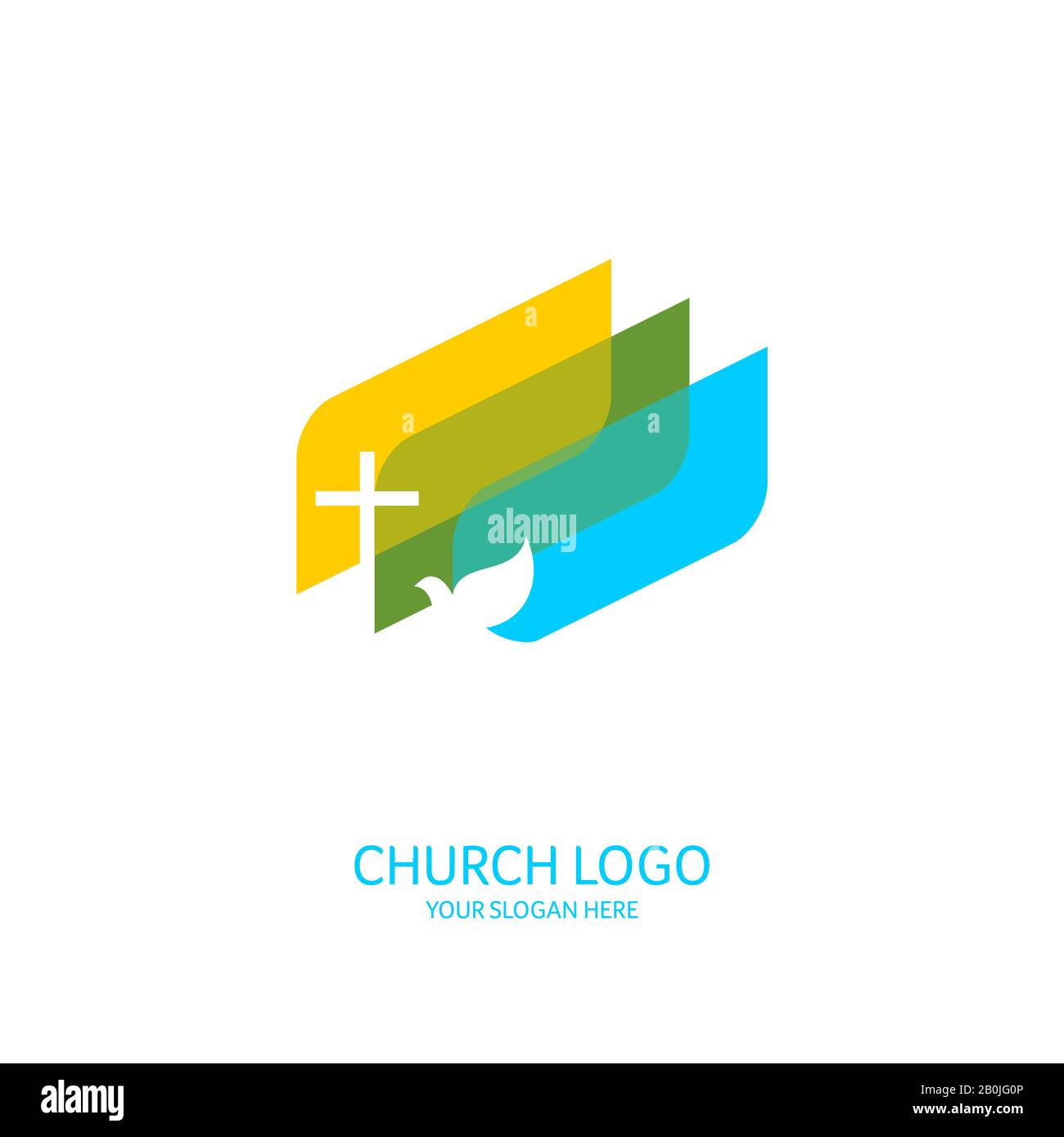 Kirchenlogo. Christliche Symbole. Das Kreuz des Herrn und Erretters Jesus Christus und die Taube. Stock Vektor
