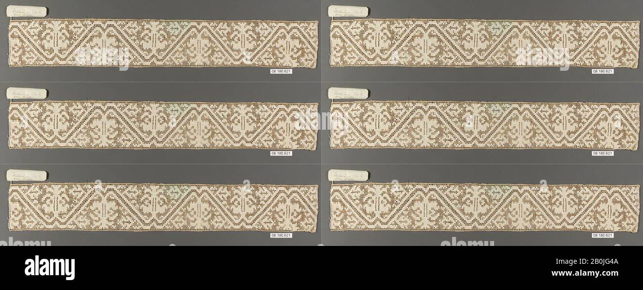 Band, Italienisch, 16. Jahrhundert, Italienisch, Drawnwork, L. 16 x W. 2 1/4 Zoll, 40,6 x 5,7 cm, Textil-Schnürsenkel Stockfoto