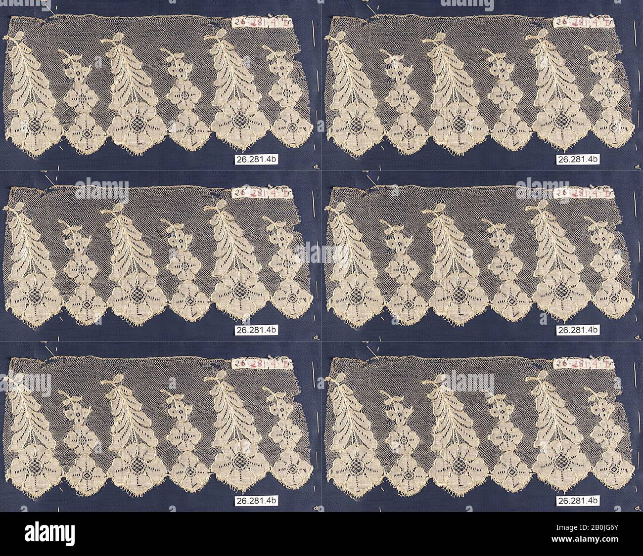 Strip, Britisch, Anfang des 19. Jahrhunderts, Britisch, Seide, maschinelle Spitze, 3 × 7 Zoll (7,6 × 17,8 cm), Textil-Schnürsenkel Stockfoto