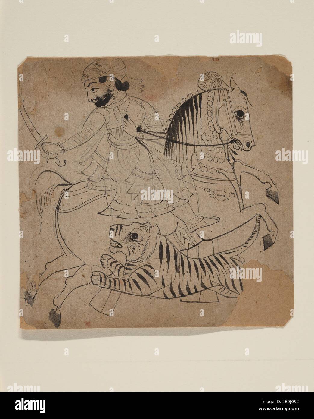 Adligen Auf Der Jagd nach einem Tiger, Westindien, Rajasthan, Udaipur oder Kota, Ca. 1830, Westindien, Rajasthan, Udaipur oder Kota, Tinte und durchscheinendes Aquarell auf Papier, Gerahmt (Anblick): 4 3/4 x 4 3/4 Zoll. (12,1 x 12,1 cm), Gemälde Stockfoto