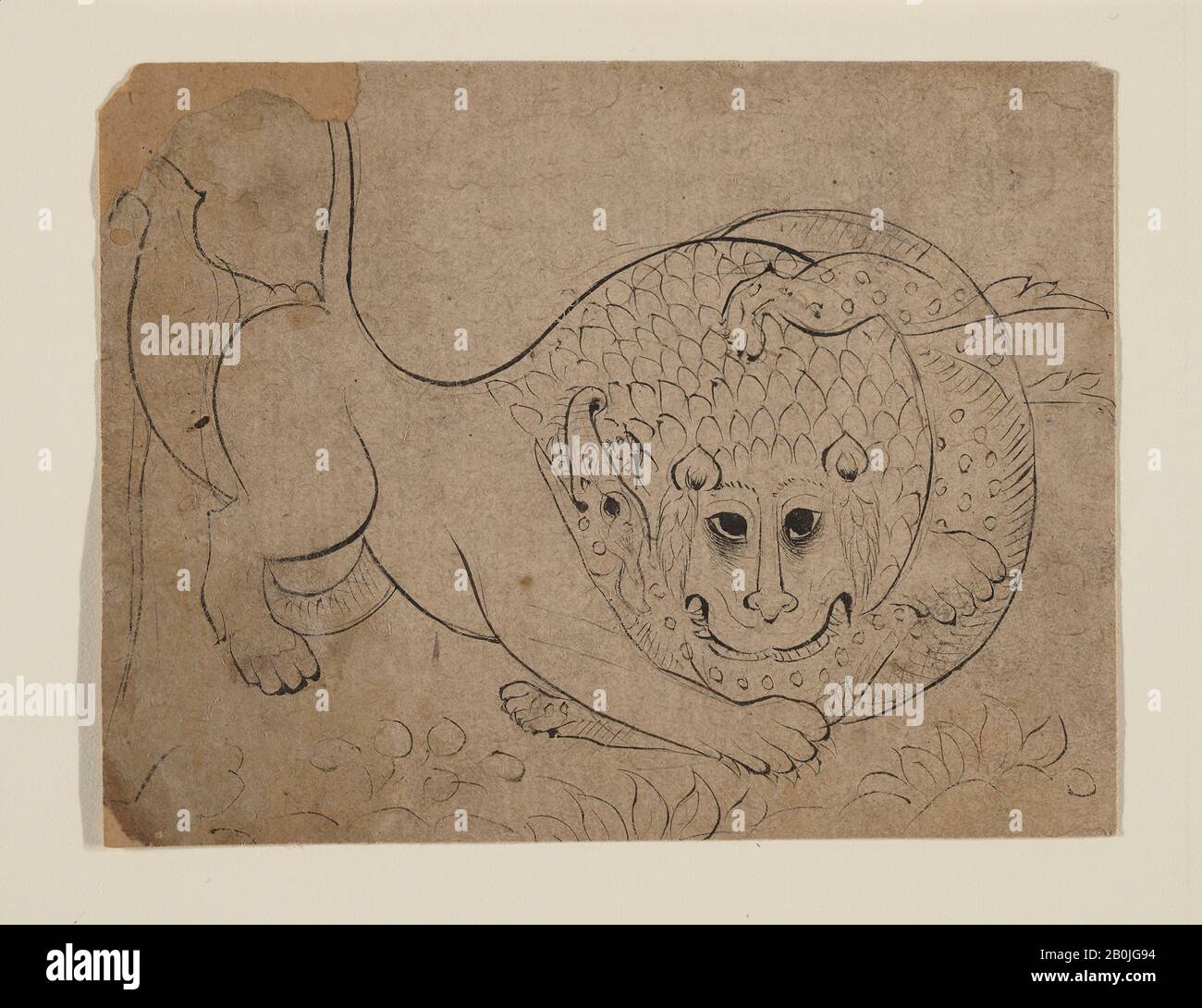 Ein Löwe, Der Gegen ein Krokodil kämpft, Indien (Rajasthan, Bundi), Anfang des 19. Jahrhunderts, Indien (Rajasthan, Bundi), Tinte und durchscheinendes Aquarell auf Papier, Bild (Anblick): 3 5/8 x 4 3/8 Zoll (9,2 x 11,1 cm), Gemälde Stockfoto