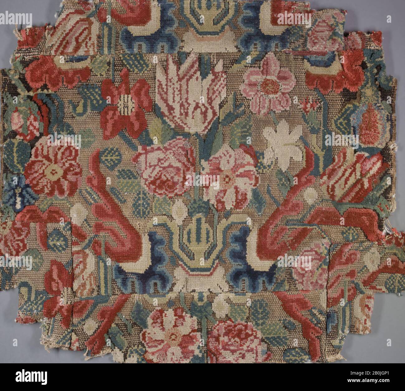 Gepolstertes Kissen, britisch, ca. 1600, Britisch, Wolle: Gewebter Haufen; Hanfboden., Textiles-Embroidered Stockfoto