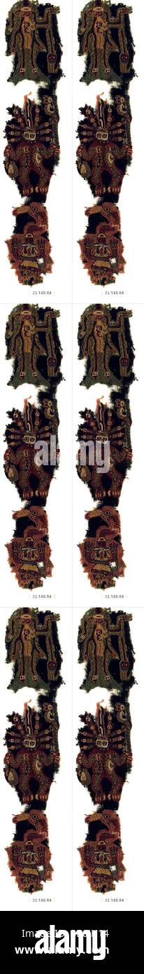 Gesticktes Grenzfragment, Nasca, 3.-2. Jahrhundert v. Chr., Peru, Nasca, Camelid Hair, Baumwolle, Gesamt: 2 1/2 x 13 Zoll (6,35 x 33,02 cm), Andere: 2 1/2 Zoll (6,35 cm), Textil-Backofen Stockfoto