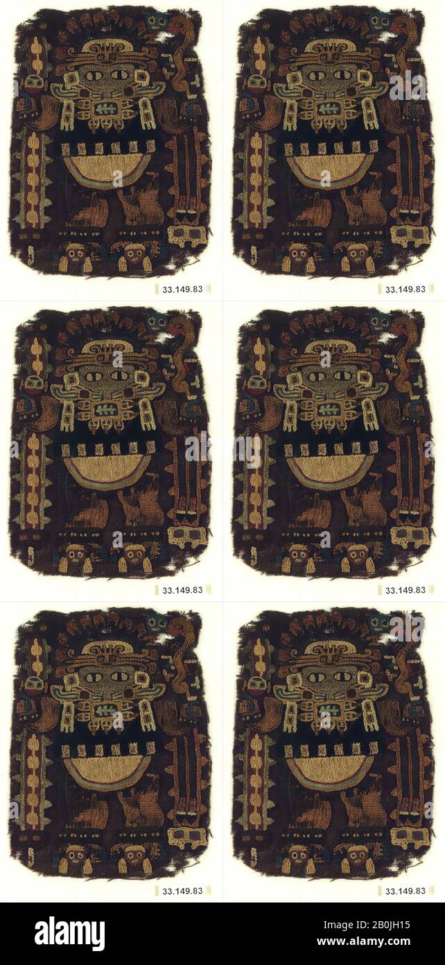 Besticktes Fragment mit Figur, Paracas, 3.-2. Jahrhundert v. Chr., Peru, Paracas, Camelid Hair, Gesamt: 5 7/8 Zoll (14,92 cm), Textil-Backofen Stockfoto