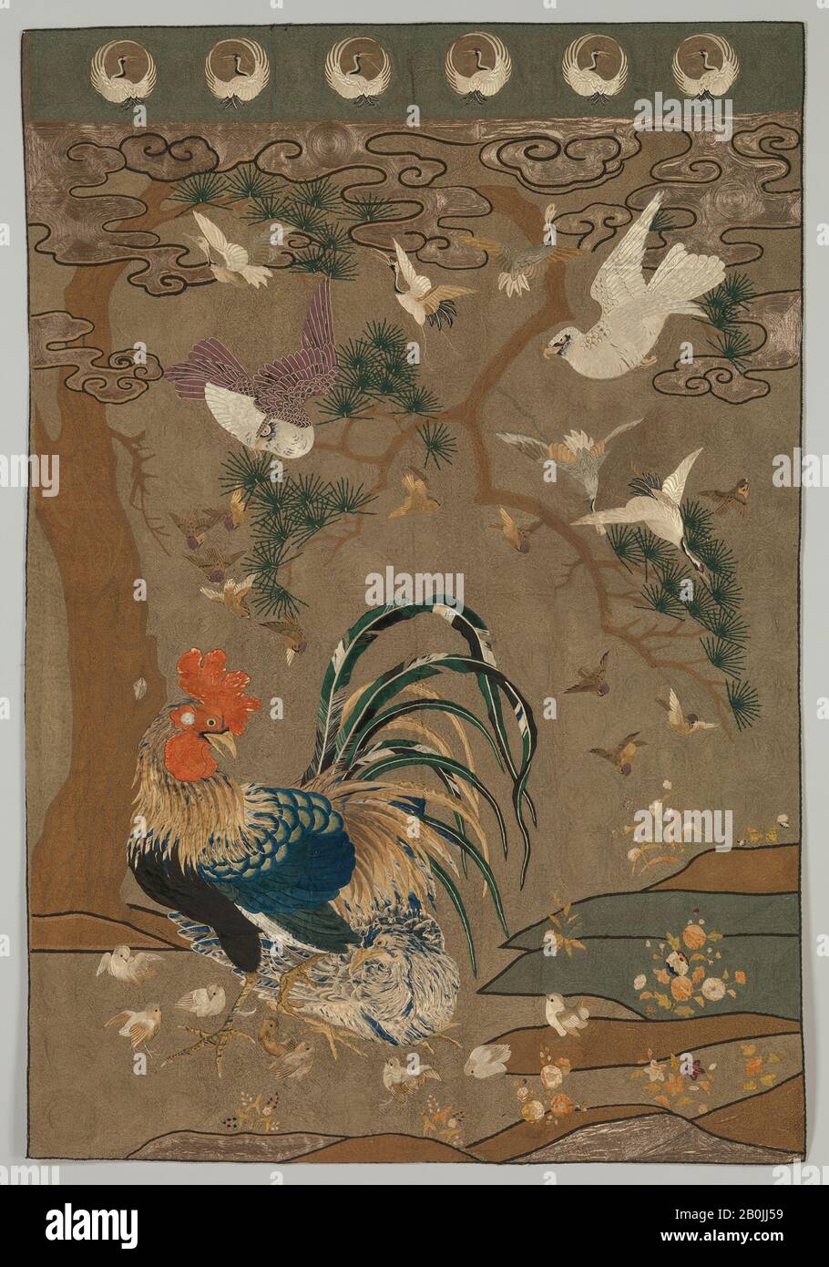 Panel, Japan, 19. Jahrhundert, Japan, Seide, Metallfaden, Gesamt: 67 x 45 3/4 Zoll (170,2 x 116,2 cm), Textil-Embroided Stockfoto