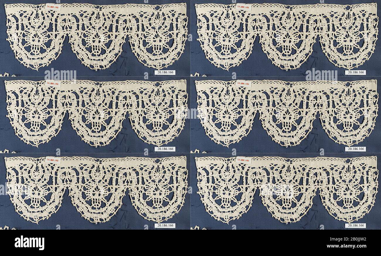 Kantenband, Italienisch, Genua, 17. Jahrhundert, Italienisch, Genua, Spulspitze, L. 10 x W. 3 1/2 Zoll (25,4 x 8,9 cm), Textil-Schnürsenkel Stockfoto