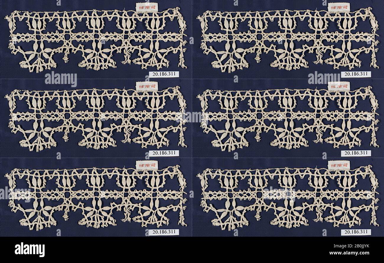 Kantenband, Italienisch, Genua, 16. Jahrhundert, Italienisch, Genua, Spitze Aus Dem Bobbin, L. 6 1/2 x W. 2 1/4 Zoll (16,5 x 5,7cm), Textil-Schnürsenkel Stockfoto