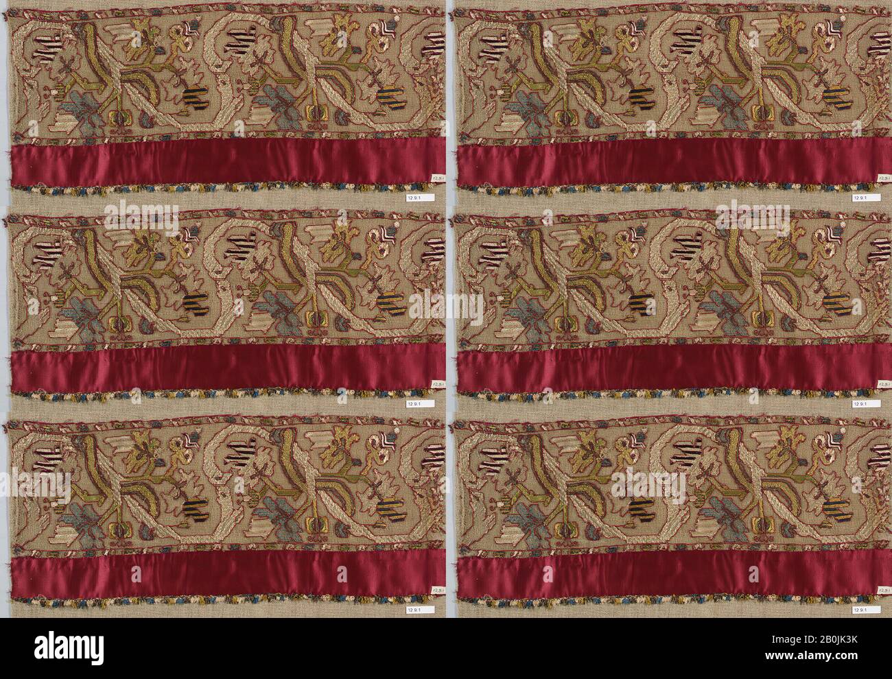 Streifen, Italienisch, 16.-17. Jahrhundert, Italienisch, Gesticktes Netz, Buratto, Seide, L. 18 1/2 x W. 8 Zoll, 47,0 x 20,3 cm, Textil-Schnürsenkel Stockfoto