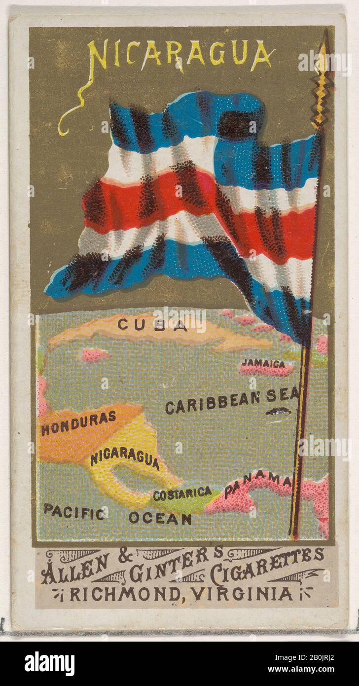 Herausgegeben von allen & Ginter, Nicaragua, From Flags of All Nations, Serie 1 (N9) für alle & Ginter Zigaretten Brands, 1883er, Commercial Color lithograph, Blatt: 2 3/4 x 1 1/2 in. (7 x 3,8 cm Stockfoto