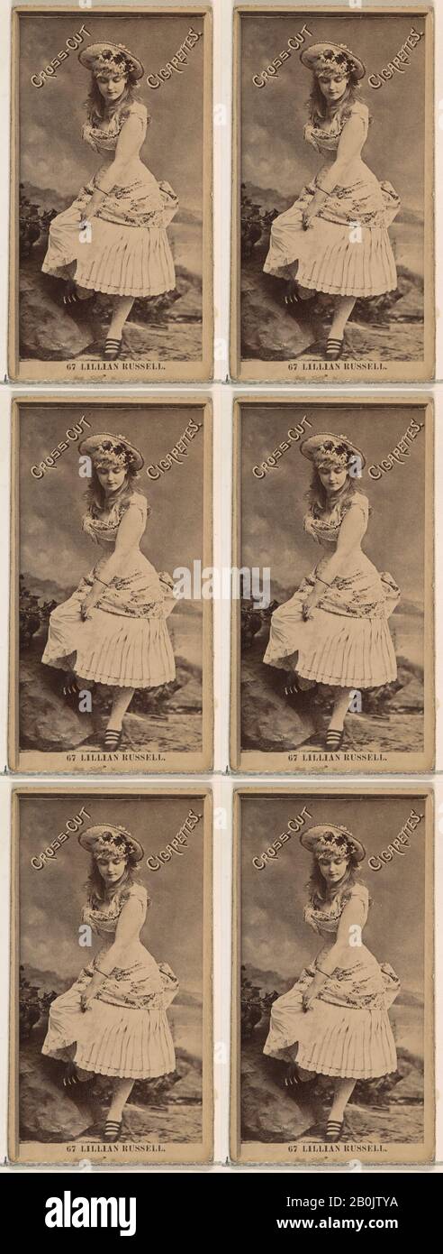 Herausgegeben von W. Duke, Sons & Co., Kartennummer 67, Lillian Russell, aus der Schauspieler-Serie (N145-2), herausgegeben von Duke Sons & Co. Zur Förderung von Cross Cut Zigaretten, 1880er Jahre, Albumen Foto, Blatt: 2 5/8 × 1 7/16 in. (6,6 × 3,7 cm Stockfoto