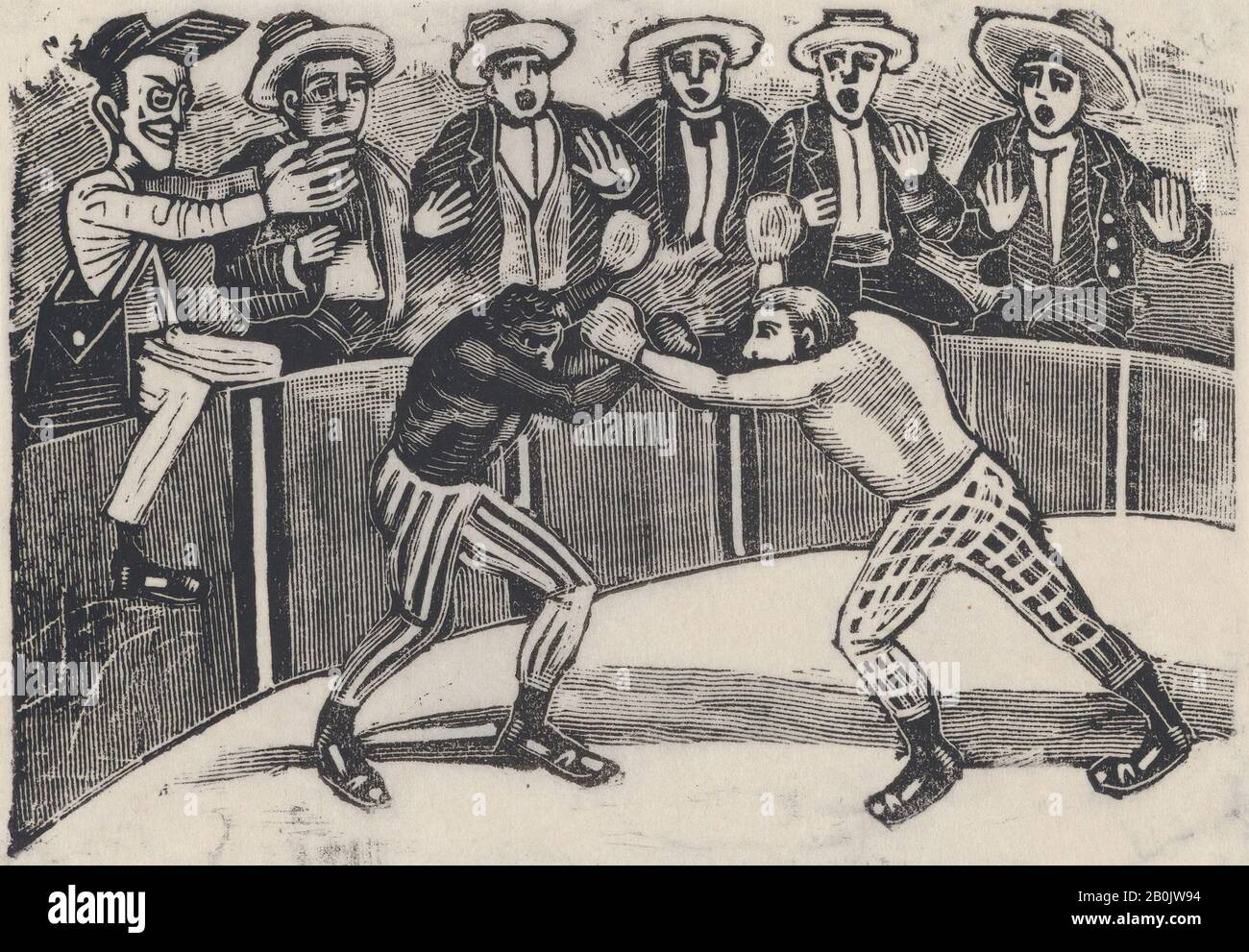 José Guadalupe Posada, Don Chepito ist Zeuge eines Boxkampfes zwischen zwei Männern (einer schwarz, der andere weiß), José Guadalupe Posada (Mexikaner, zwischen den Jahren von 1851 und 1913), Ca. Dätzing auf Zink, Blatt: 3 1/4 × 4 13/16 Zoll (8,3 × 12,2 cm), Ausdrucke Stockfoto