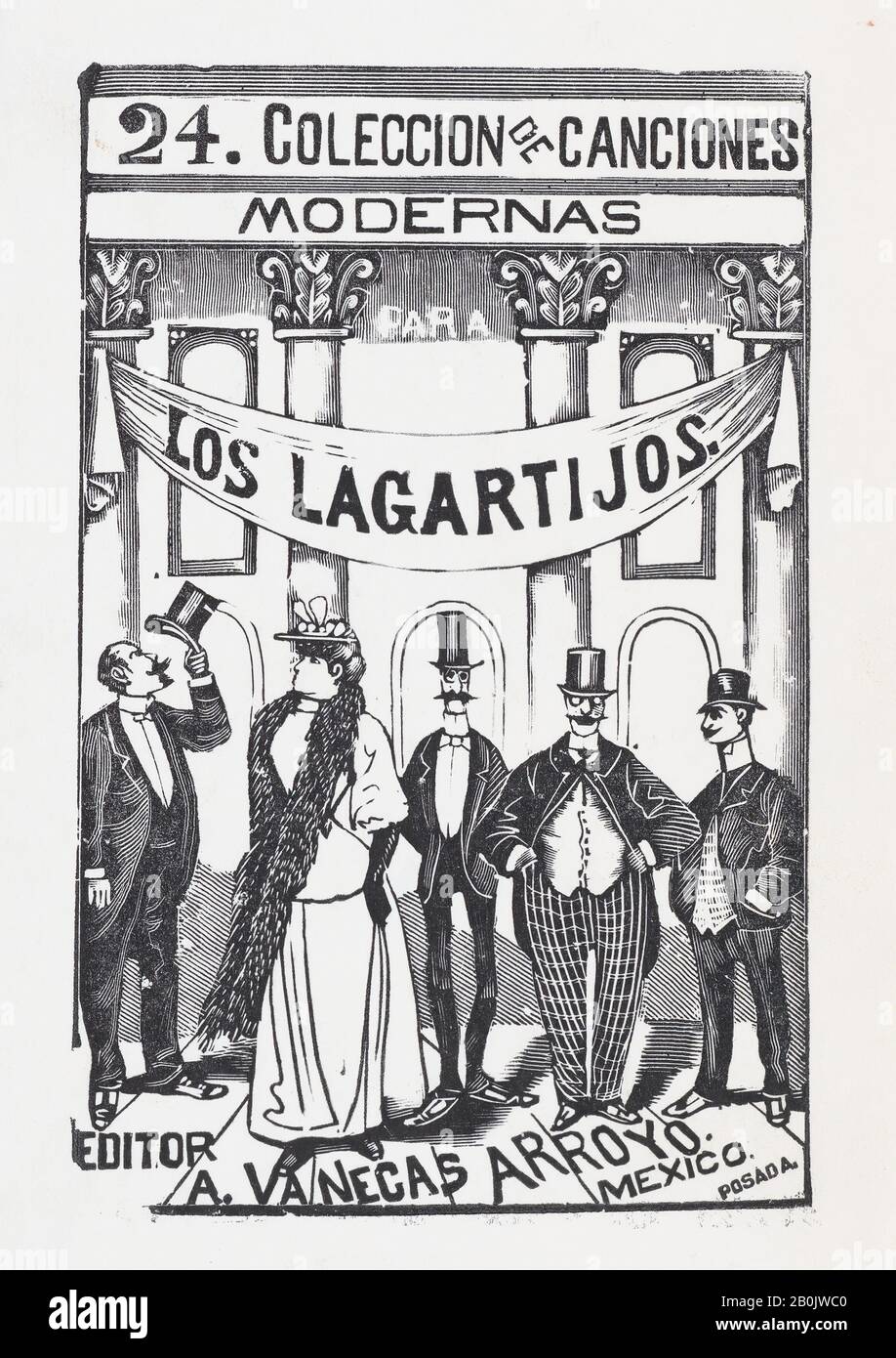 José Guadalupe Posada, Vier Männer und eine Frau in feiner Kleidung, die in einer Linie unter einem Banner steht, Illustration für "Los Lagartijos (Die Dandies)", José Guadalupe Posada (Mexikaner, 154-1913), Ca. 1.85-10, Holzgravur, Bild: 5 3/16 × 3 3/8 Zoll (13,1 × 8,5 cm), Ausdrucke Stockfoto