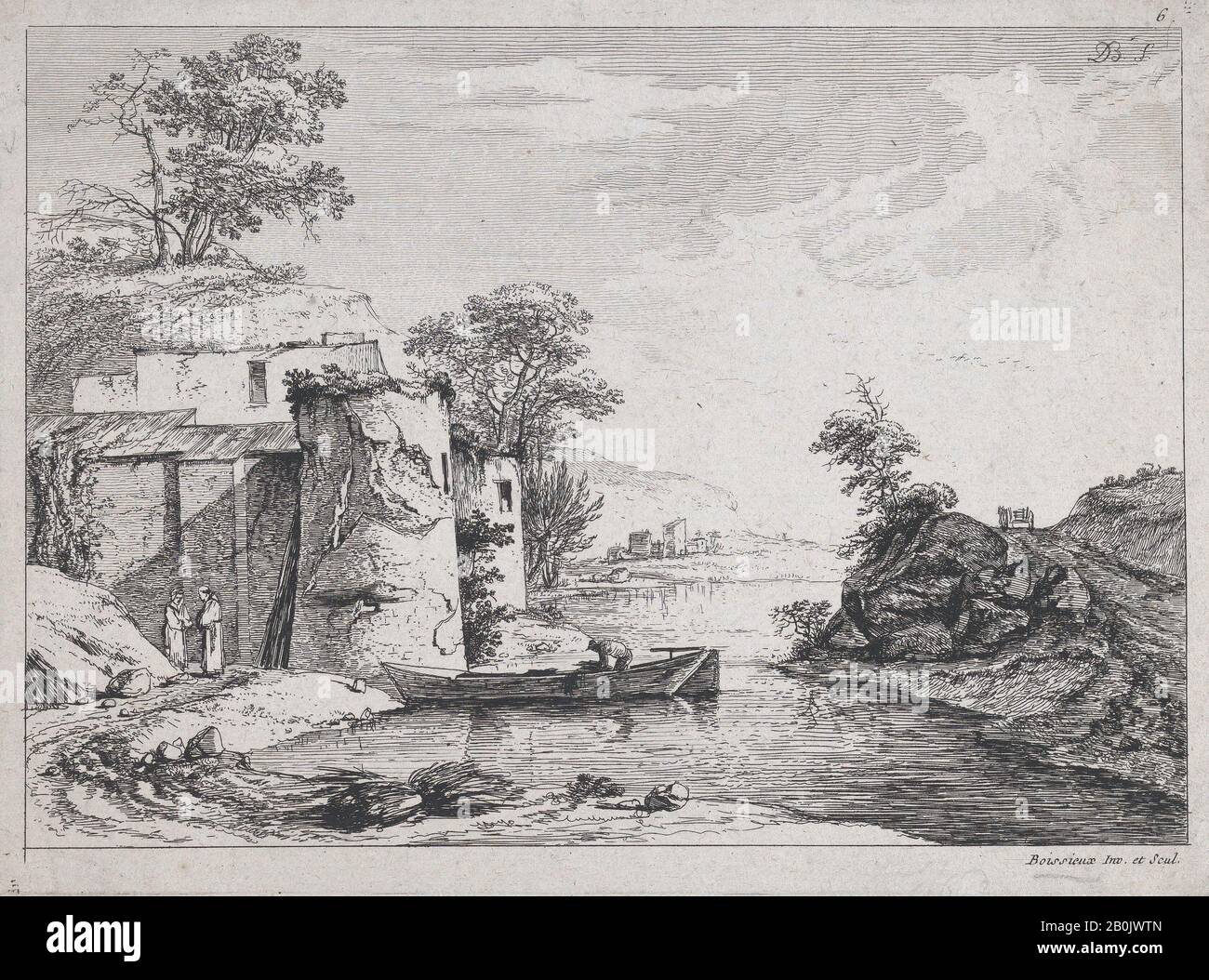 Jean Jacques de Boissieu, Old Towers on a River Bank, Jean Jacques de Boissieu (Französisch, Lyon 1736-1810 Lyons), 1764, Radierung; vierter Stand, Blatt (gestutzt): 6 1/16 × 8 1/16 Zoll. (15,4 × 20,5 cm), Ausdrucke Stockfoto