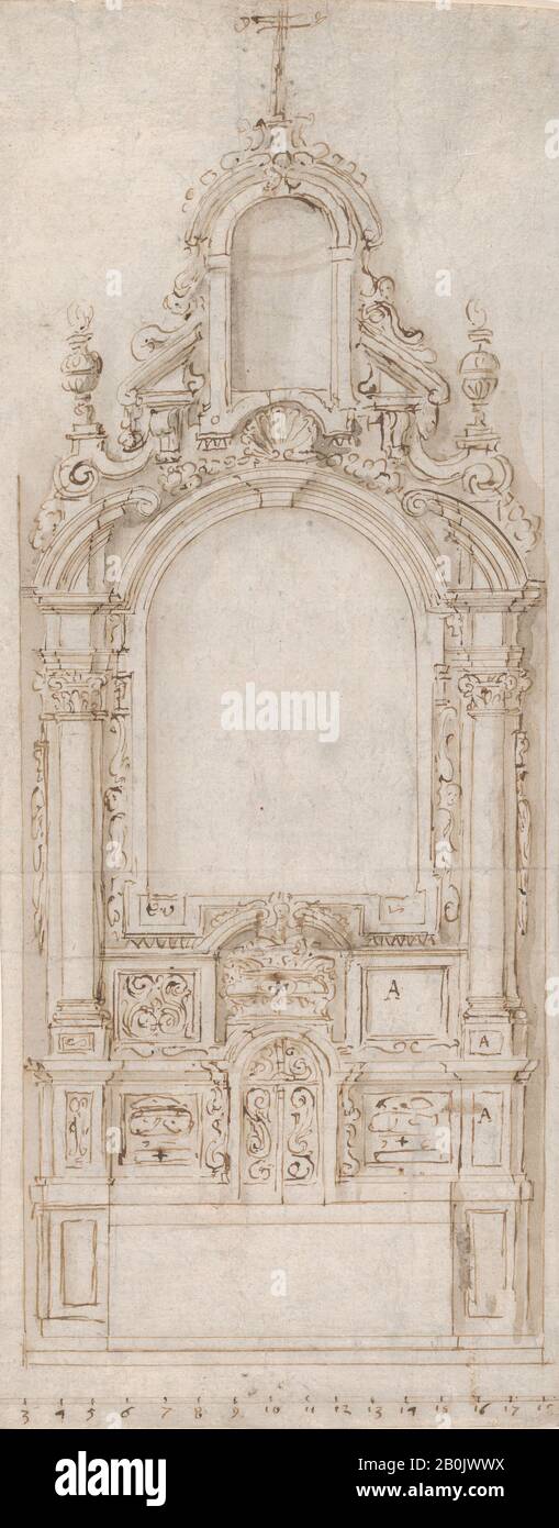 Anonym, Flämisch, 17. Jahrhundert, Design für einen Altar, Anonymous, Flämisch, 17. Jahrhundert, Stift und braune Tinte mit graubrauner Wäsche, Blatt: 12 13 / 16 × 5 1/16 Zoll (32,5 × 12,8 cm Stockfoto