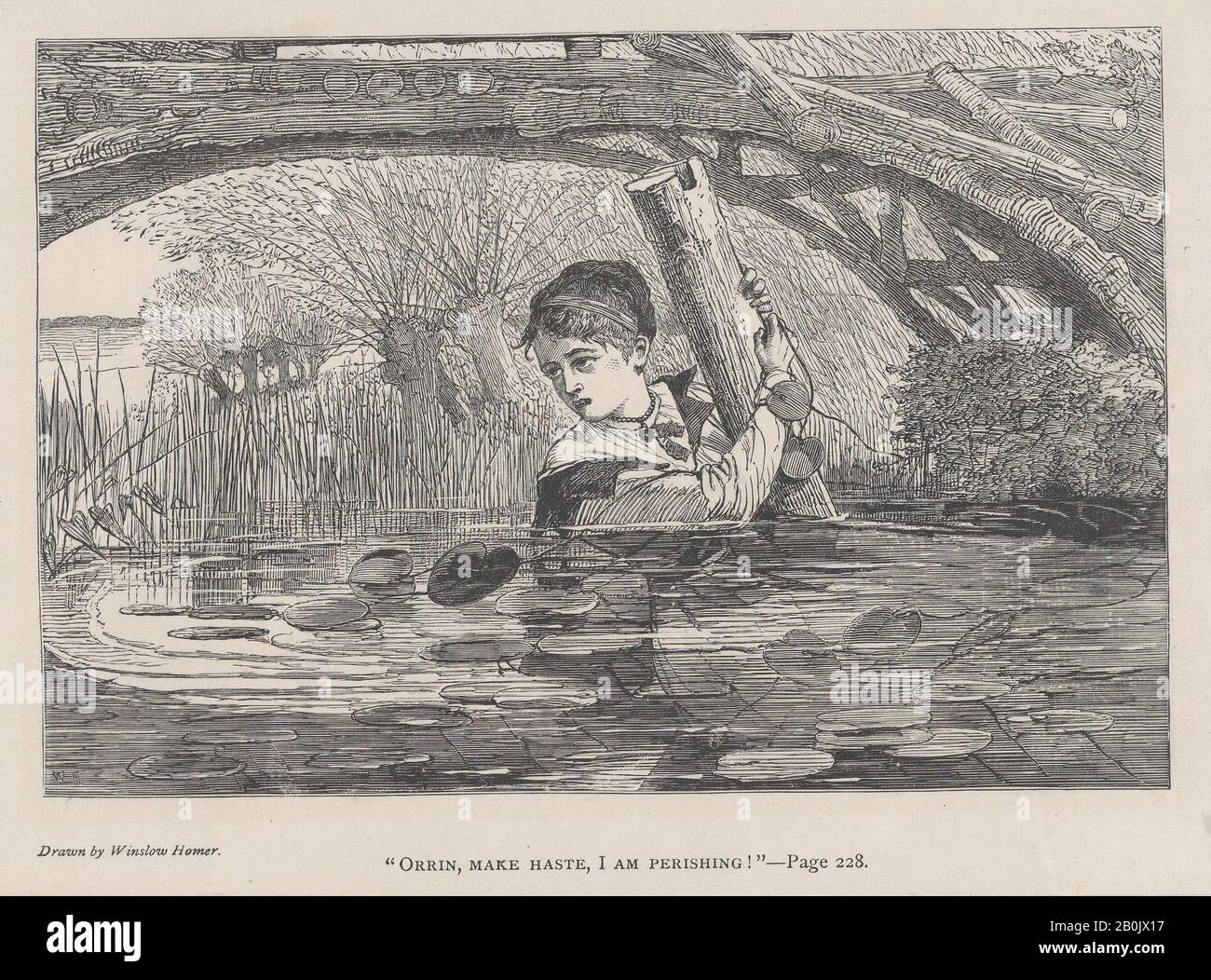 Nach Winslow Homer, "Orrin, Make Haste, I Am Perishing!" (The Galaxy, An Illustrated Magazine of Entertaining Reading, Vol. VI), Nach Winslow Homer (American, Boston, Massachusetts, 186-1910 Prouts Neck, Maine), August 1868, Wood Gravur, Bild: 4 5/8 x 6 7/8 in. (11,7 x 17,5 cm), Blatt: 5 3/4 x 9 1/2 Zoll (14,6 x 24,1 cm), Ausdrucke Stockfoto