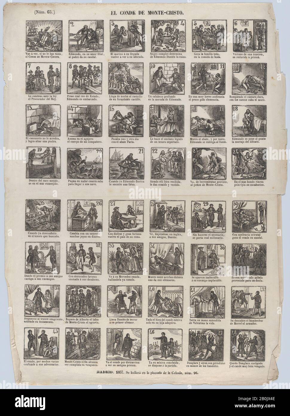 José María Marés, Broadside mit 48 Szenen, die die Geschichte des Graf auf Montecristo, 1857, Holzgravur, Blatt: 17 5/16 × 12 13 / 16 Zoll (44 × 32,5 cm), Ausdrucke Stockfoto