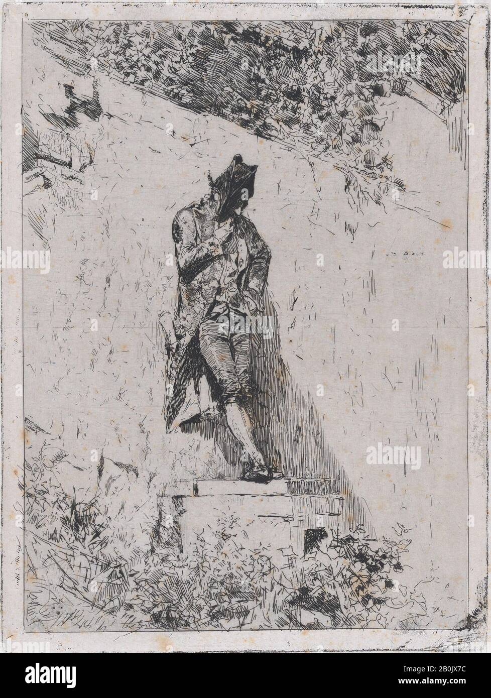 Mariano Fortuny, 183-1874, Meditation: Ein Mann, der auf einem Schritt an einer Wand steht, Mariano Fortuny, 18-1874 (Spanisch, 18-324-538), ca. 1865, Radierung auf Japanpapier, Blatt: 12 7/8 × 9 9/16 Zoll (32,7 × 24,3 cm), Platte: 8 7/16 × 6 5/16 Zoll (21,5 × 16,1 cm), Ausdrucke Stockfoto