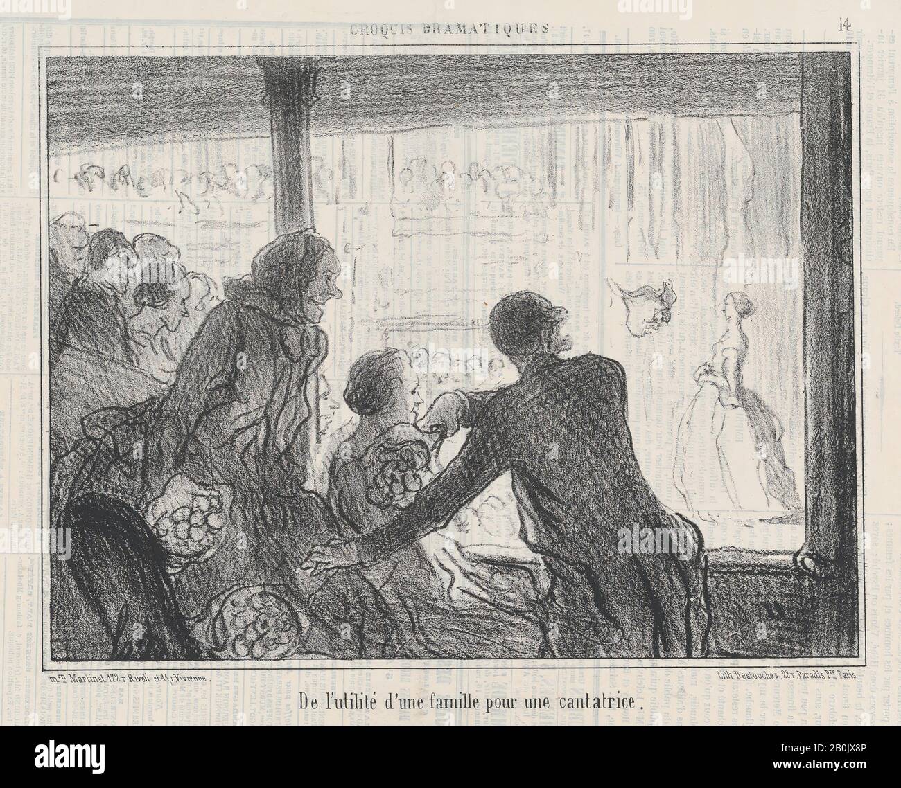 Honoré Daumier, De l'utilité d'une famille pour une cantatrice, from Croquis Parisiens, herausgegeben in Le Charivari, 28. Januar 1857, Croquis Dramatiques, Honoré Daumier (Französisch, Marseille 1808-1879 Valmondois), 28. Januar 1857, Lithograph; zweiter Bundesstaat von zwei Delteil (16./10.). (26,5 - 35,8 cm), Bild: 7 3/8 - 9 15/16 Zoll (18,8 - 25,2 cm), Ausdrucke Stockfoto