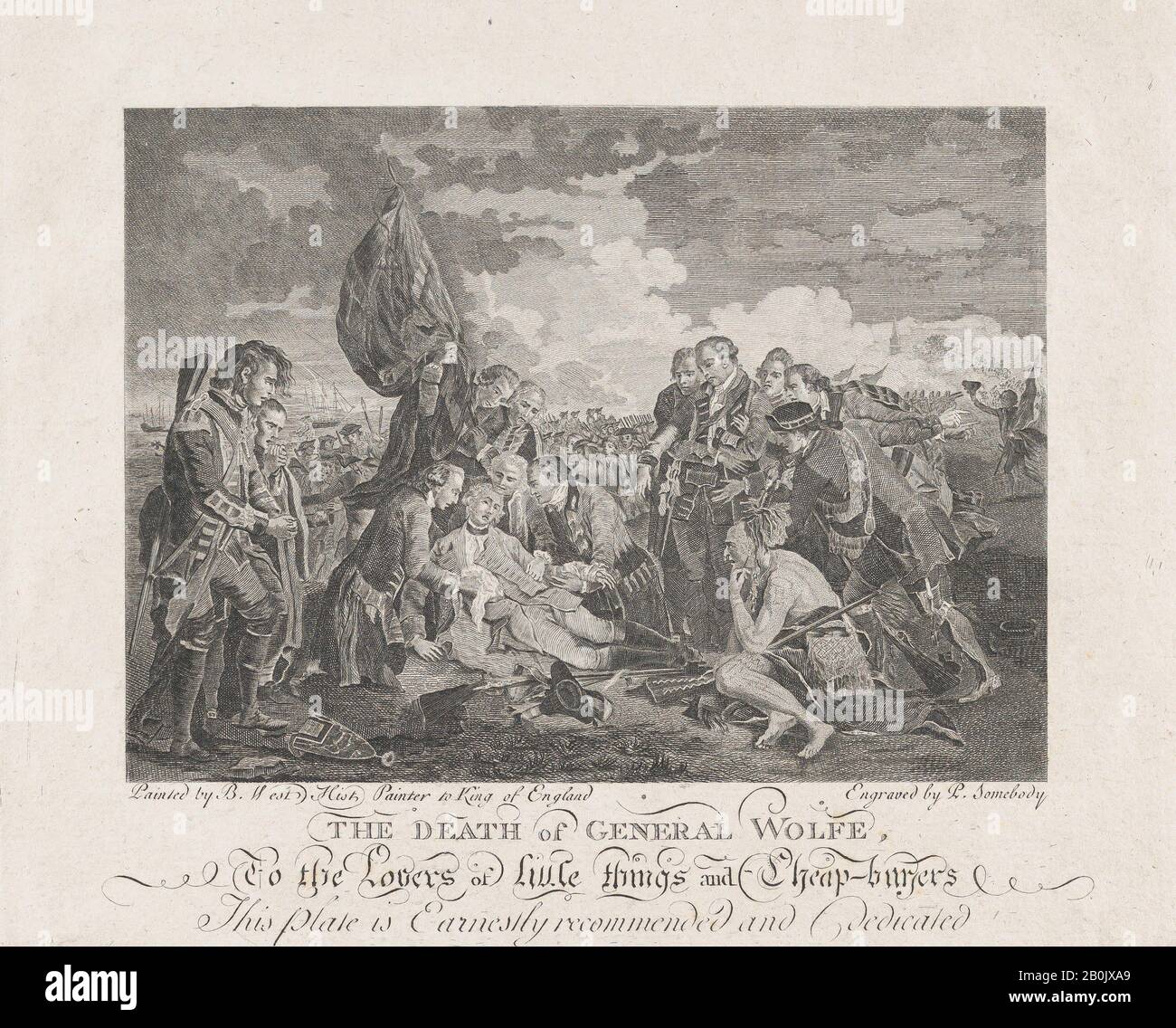 P. Somebody, The Tod of General Wolfe (13. September 1759), P. Somebody (Britisch, 18. Jahrhundert), After Benjamin West (American, Swarthmore, Pennsylvania 1738-1820 London), after 1776, Gravur, plate: 6 7/8 x 8 3/4 in. (17,5 x 22,2 cm), Blatt: 10 1/16 x 12 5/8 Zoll (25,5 x 32 cm), Ausdrucke Stockfoto