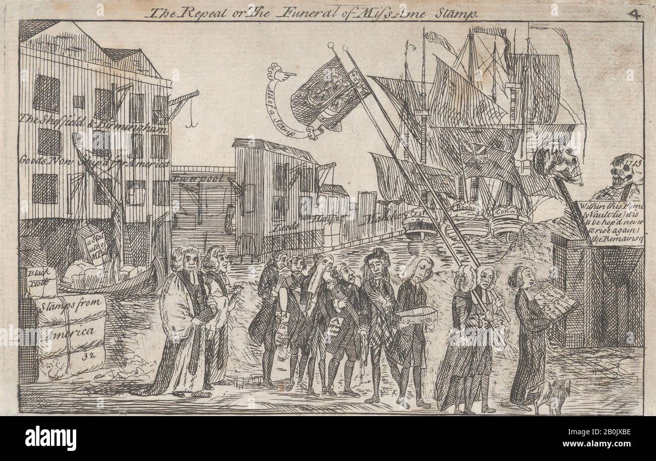 Anonym, Britisch, 18. Jahrhundert, The Repeal oder die Beerdigung von Miss Ame Stamp, Anonymous, Britisch, 18. Jahrhundert, 1766, Radierung, Platte (getrimmt): 4 5/16 x 6 3/4 Zoll. (11 x 17,1 cm), Blatt: 4 3/8 x 6 15/16 Zoll (11,1 x 17,7 cm), Ausdrucke Stockfoto