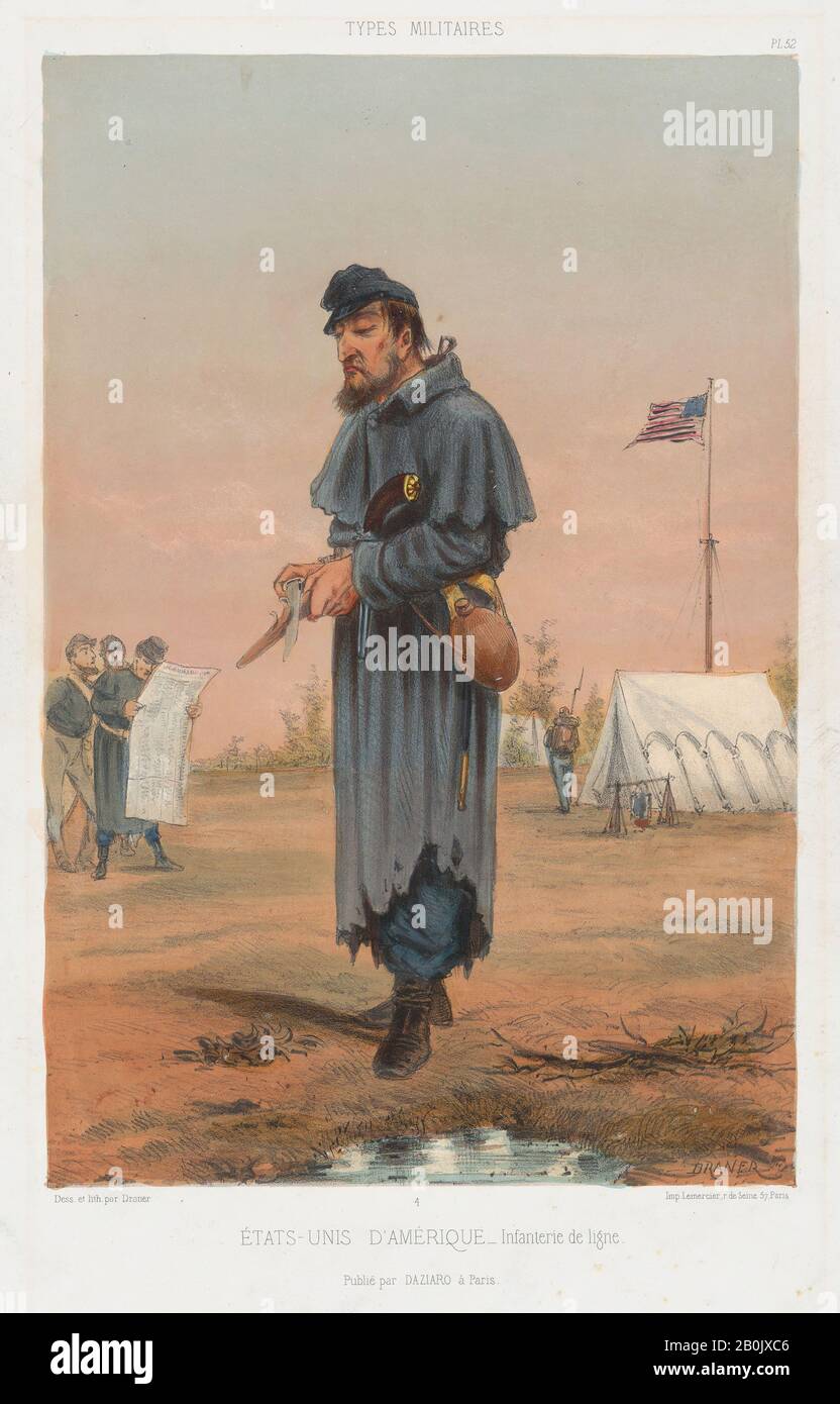 Draner, États-Unis d'Amerique - Infanterie de ligne, Draner (Französisch, 19. Jahrhundert), 1865, Lithograph mit Farbton aus Stein und Hand, Bild: 11 5/8 x 7 11/16 in. (29,5 x 19,5 cm), Blatt: 17 5/8 x 12 1/2 Zoll (44,8 x 31,7 cm), Ausdrucke Stockfoto