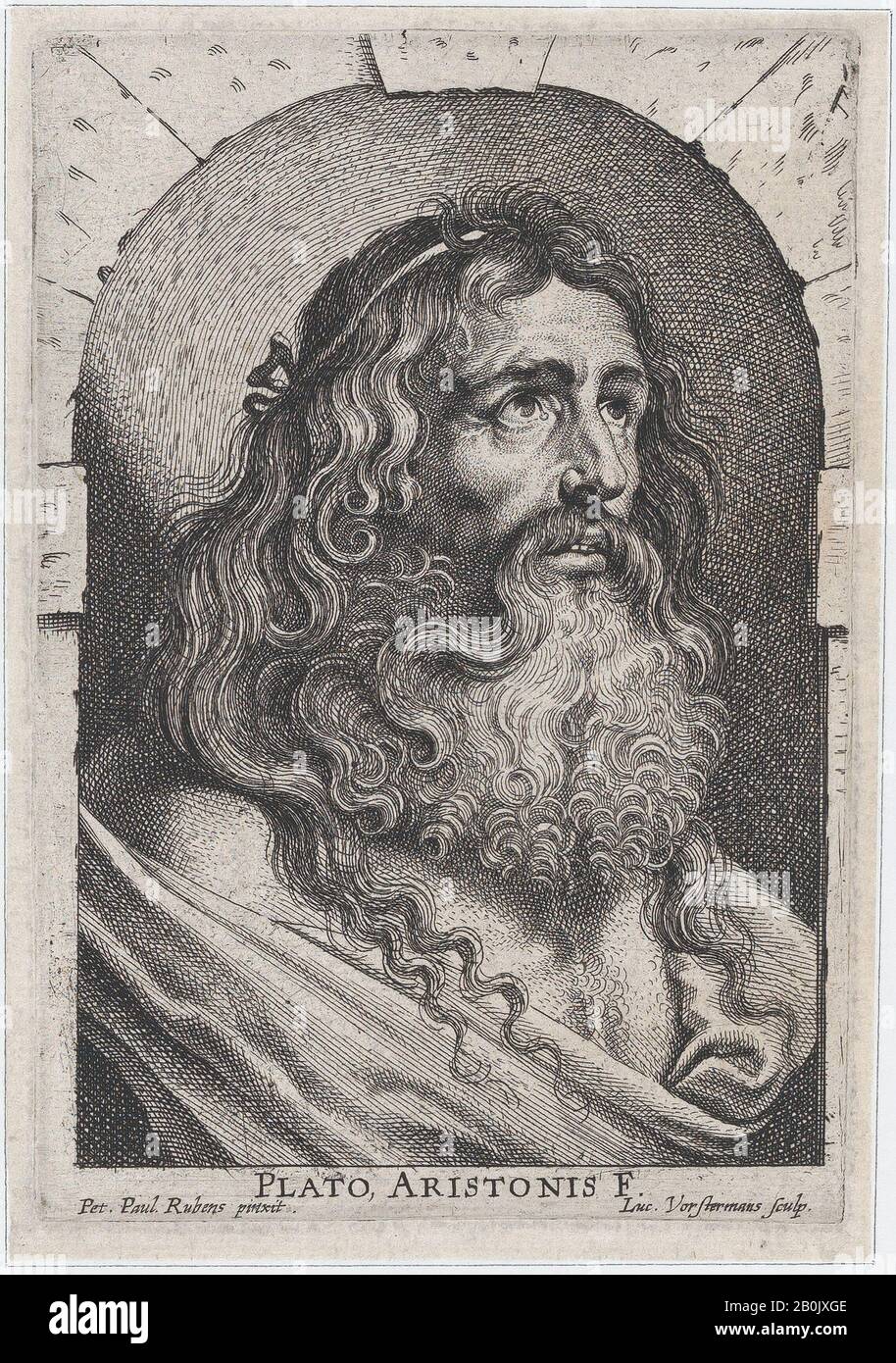 Lucas Vorsterman I, Die Büste Platons, in einer Nische, Lucas Vorsterman I (Flämisch, Zaltbommel 1595-1675 Antwerpen), Nach Peter Paul Rubens (Flämisch, Siegen 1577-1640 Antwerpen), Platon (Griechisch, Ca. 427 B.C.E-347 V. CHR. E.), CA. 1620, Ätzung und Gravur; nur Zustand, Platte: 5 3/8 × 3 5/8 Zoll (13,6 × 9,2 cm), Blatt (Getrimmt): 5 5/8 × 3 7/8 Zoll (14,3 × 9,9 cm), Ausdrucke Stockfoto