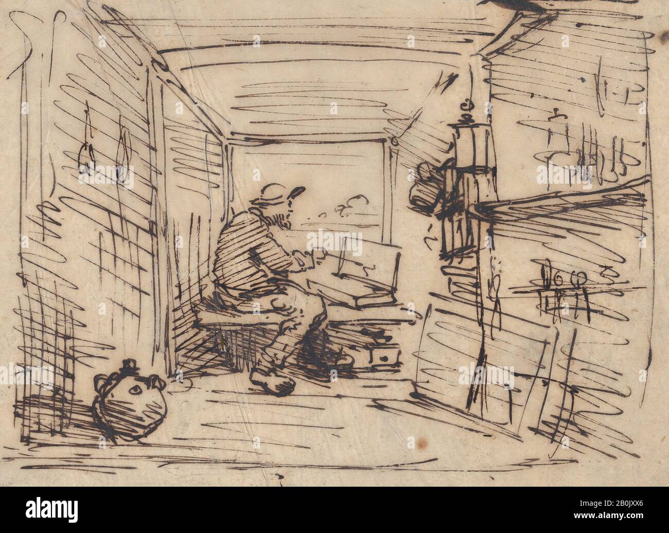Charles-François Daubigny, The Studio on the Boat, Charles-François Daubigny (Französisch, Paris, 18-1878 Paris), 1862, Pen und Tinte auf Tastpapier, Blatt: 4 1/2 × 6 7/16 in. (11,4 × 16,3 cm), Zeichnungen Stockfoto